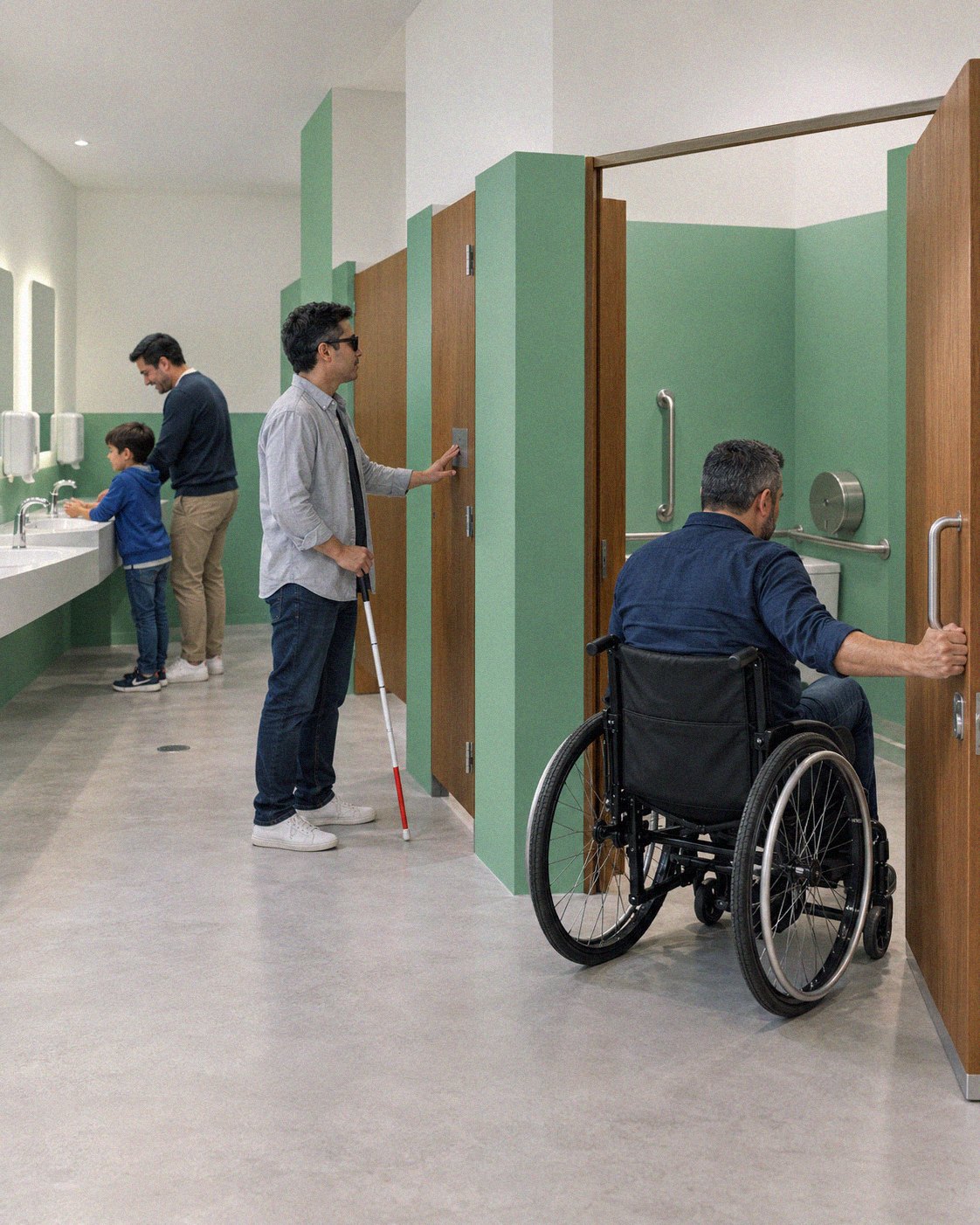 Baño público accesible: un hombre en silla de ruedas entra a una cabina amplia, un hombre con bastón blanco toca una señal en braille y un papá ayuda a su hijo a lavarse las manos