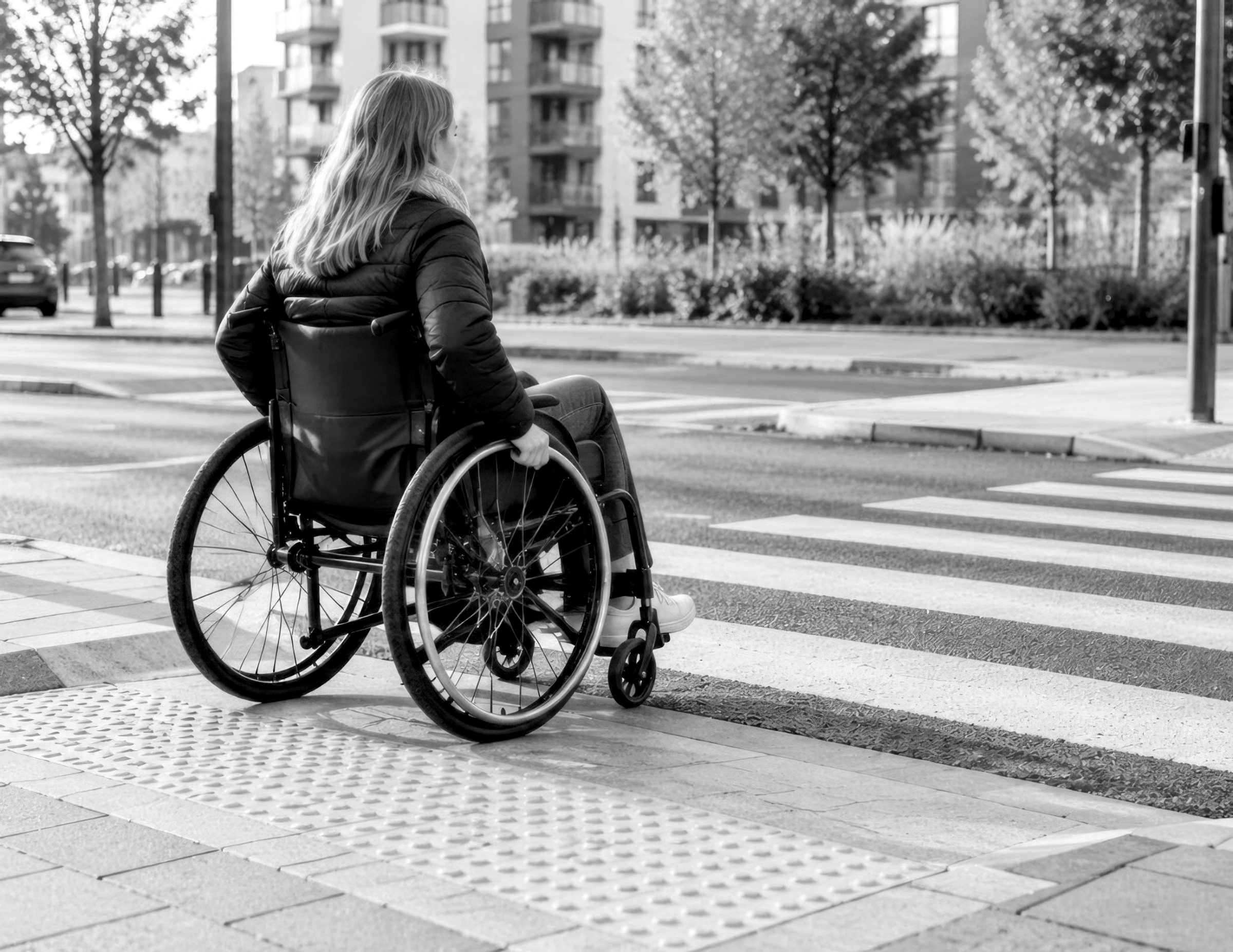 Persona usuaria de silla de ruedas cruzando la calle
