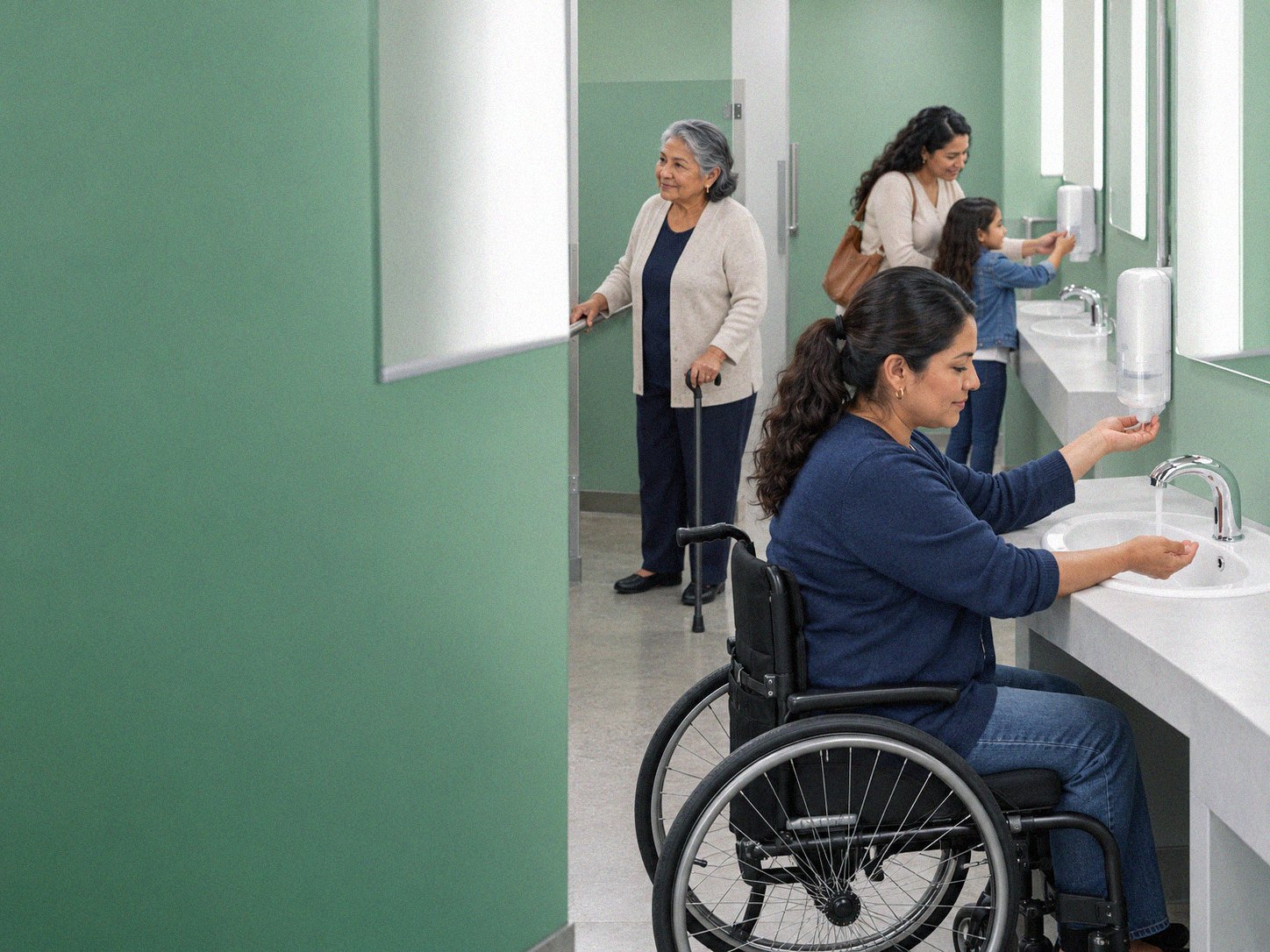 Baño público accesible: una mujer en silla de ruedas se lava las manos, una señora mayor con bastón se apoya en una barra y una mamá ayuda a su hija a alcanzar el jabón